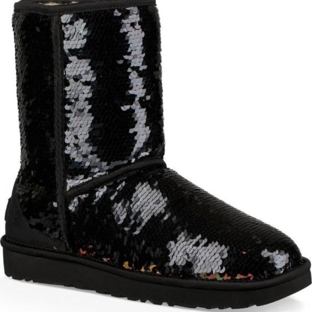 UGG Cosmos Short Black Sequined Sparkly Boots Faux Fur Lined Bling Glam Cozy